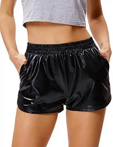 Kate Kasin Women's Yoga Hot Shorts Shiny Metallic Pants with Elastic Waist Black