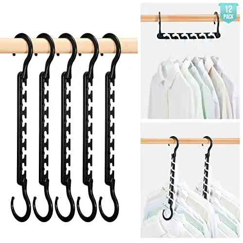 HOUSE DAY Sturdy Plastic Space Saving Hangers 12 Pack, Cascading Hangers Organizer Closet Space Saver 80% and Wrinkle Free Clothes, Multi Collapsible Hangers for Heavy Clothes, Shirts, Pants (Black)