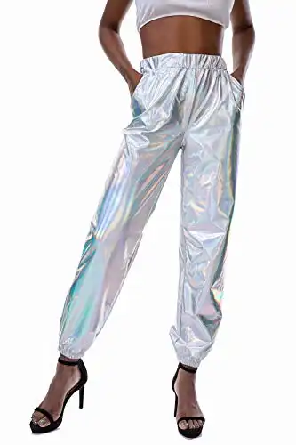 Shiny Metallic Sweatpant for Women Workout Lounge Jogger Pants Night Club Tapered Pant with Pocket for Disco Party (Silver, XX-Large)