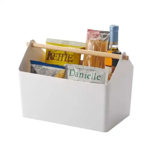 Yamazaki Home Storage Organizer/Cleaning Caddy/Storage Basket With Handle, Plastic + Wood, Handle, No Assembly Req.