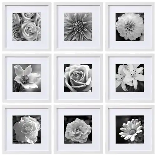 eletecpro 12x12 Picture Frames Set of 9, Classic Gallery Wall Frame Set Displays 8x8 Photo with Mat or 12x12 No Mat, Square Picture Frames Collage Wall Decor, White Home Decor for Hanging