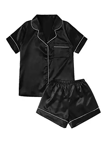 SweatyRocks Women's Short Sleeve Sleepwear Button Down Satin 2 Piece Pajama Set Black Medium