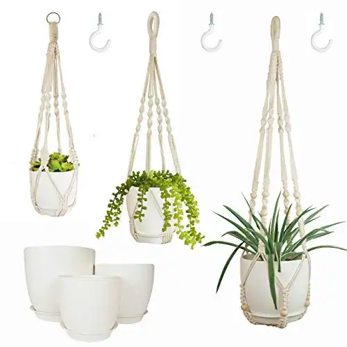 Bouqlife Macrame Plant Hangers with Pots and Saucers, 3 Pack Hanging Planters for Indoor Plants Hanging Plant Holders with Hooks 34" / 26" / 20"