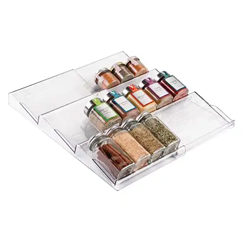 mDesign Expandable Plastic Deluxe Spice Rack, Drawer Organizer for Kitchen Cabinet Drawers, 3 Tier Slanted for Spice Jars, Food Seasoning Bottle Storage, Ligne Collection - Clear