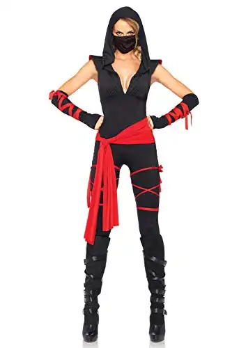 Leg Avenue 4 Piece Deadly Ninja Set – Hooded V Neck Jumpsuit and Mask Halloween Costume for Women, Black/Red, Small