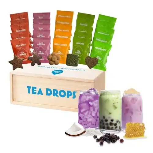 Tea Drops 25 Count Gift Set With 9 Servings Mixed Boba Sampler | Organic Chai, Rose Earl Grey, Citrus Ginger, Peppermint, and Matcha Loose Leaf Tea Cubes With Chewy Bursting Instant Tapioca Pearls