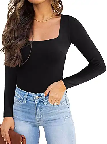 REORIA Womens Sexy Square Neck Double Lined Seamless Fitted Shirts Stretchy Long Sleeve Bodysuit Tops Black Small