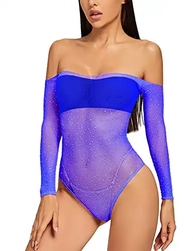 Adove Women Sexy Sparkle Rhinestone Mesh Teddy Fishnet Lingerie One Piece Bodysuit (Blue)