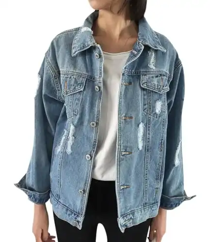 JUDYBRIDAL Oversize Denim Jacket for Women Ripped Jean Jacket Boyfriend Long Sleeve Coat Blue L
