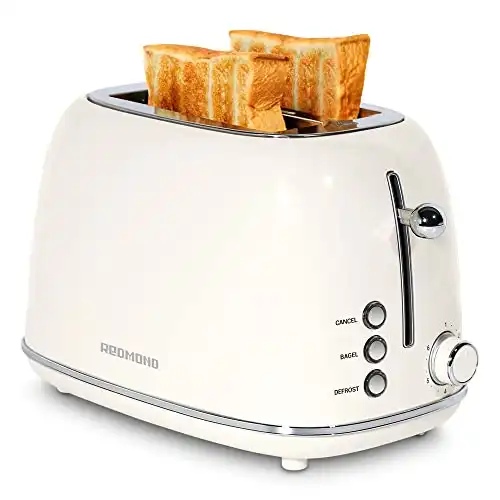 REDMOND 2 Slice Toaster, Retro Stainless Steel with Bagel, Cancel, Defrost Function and 6 Bread Shade Settings, Extra Wide Slot, Removable Crumb Tray, Cream, ST028.