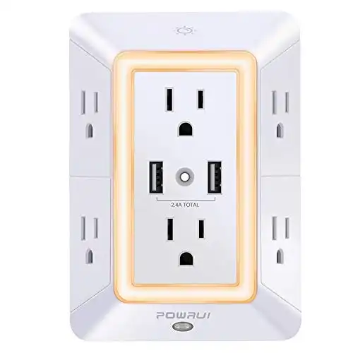 POWRUI 6-Outlet Extender with 2 USB Charging Ports, USB Wall Charger, Surge Protector 2.4A, Night Light, 3-Sided Power Strip with Adapter Spaced Outlets, ETL Certified, White
