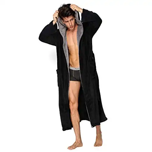 KEMUSI Hooded Herringbone Men's Black Soft Spa Full Lenght Bathrobe With Grey Kimono Shawl Collar(L)