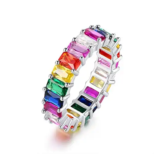 Eternity Rainbow Ring Wedding Band for Women | 18K White Gold Plated Emerald-Cut Rainbow Multi Color Created-Gemstone Eternity Ring (Rainbow, 5)