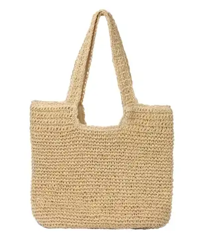 GOLDTIMO Beach Bags for Women – Summer Soft Large Woven Shoulder Purse Handbag, Beach Tote Straw Bag for Summer Vacation, Beige