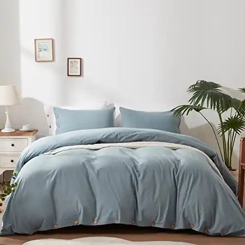 SunStyle Home 100% Washed Cotton Duvet Cover Set Breathable Soft Twin Blue Grey Duvet Cover 2 Pieces Solid Color Bedding Set with Buttons Closure Comforter Cover Set (1 Duvet Cover +1 Sham)
