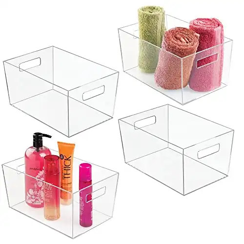 mDesign Plastic Bathroom Organizer Storage Bin with Handles for Organizing Hand Soaps, Body Wash, Shampoos, Conditioners, Hand Towels, Hair Accessories, Body Spray, Mouthwash - Large, 4 Pack - Clear