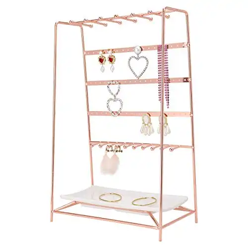 MORIGEM Jewelry Organizer, 5 Tier Jewelry Stand, Decorative Jewelry Holder Display with White Tray for Necklaces, Bracelets, Earrings & Rings, Rose Gold