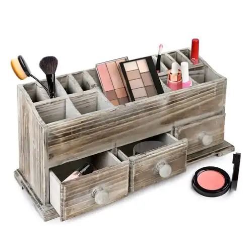 Besti Rustic Vanity Organizer for Cosmetics, Makeup, and Bathroom Accessories, Wooden Farmhouse Storage Box with 3 Drawers, Vintage Countertop, Dresser, or Desk Organization