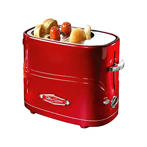 Nostalgia 2 Slot Hot Dog and Bun Toaster with Mini Tongs, Retro Toaster, Cooker that Works Chicken, Turkey, Veggie Links, Sausages Brats, Metallic Red