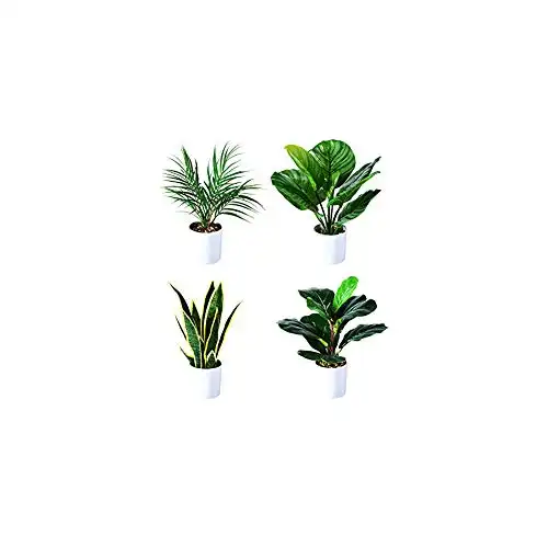Kazeila Set of 4 Mini Potted Fake Plants,16 Inch Artificial Fiddle Leaf Fig Plant/Snake Plant/Areca Palm/Calathea Plant for Home Office Hotel Bookstore Cafe Modern Decoration