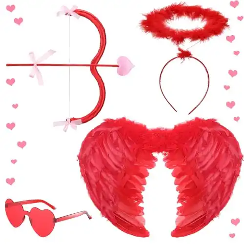 Lyrow 4 Pcs Cupid Costume Accessories Set Red Cupid Bow Arrow Feather Wing Headband Heart Sunglasses for Kid 4-12(Romantic Style)