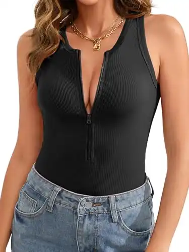 WAYMAKER Women's Sleeveless Bodysuits Ribbed Knit Slim Fit Zip Front V Neck Body Suit Shirt Tops (Black,Medium)