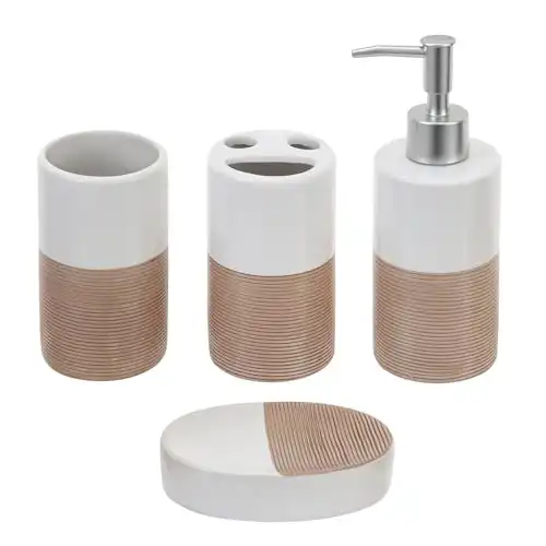 MyGift Bathroom Accessories Set, Deluxe 4 Piece White & Beige Ceramic Bath Accessory Set with Soap Pump Dispenser, Toothbrush Holder, Tumbler & Soap Dish