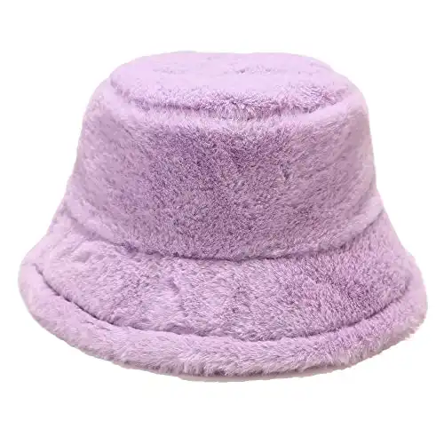 Umeepar Winter Faux Fur Bucket Hat Fluffy Warm Hat for Women Men (Light Violet)
