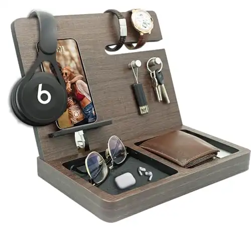 Namore | Gift for Men Husband, Anniversary, Birthday | Wood Phone Docking Station | Ideal as Office and Nightstand Organizer | Organize your Watch, Wallet, Cellphone, Keys, Airpods