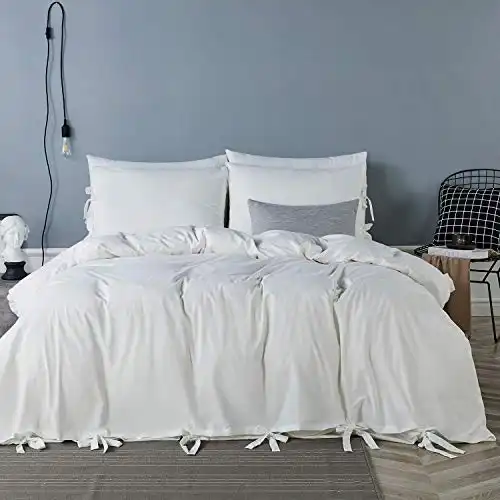 JELLYMONI 100% White Washed Cotton Butterfly Bow tie Duvet Cover Set King, 3 Pieces Ultra Soft Bowknot Comforter Cover