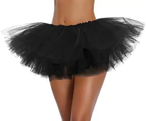 Women's Teen Adult Classic Elastic 3 4 5 Layered Tulle Tutu Skirt(One Size, Black 5Layer)