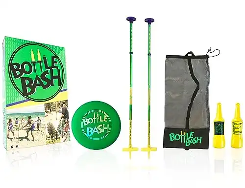 Bottle Bash Outdoor Flying Disc Game Set – Disc Toss Game for Family, Adult & Kids, Backyard and Beach Game - Frisbee Target Lawn Game with Poles & Bottles (Beersbee & Polish Horseshoes)