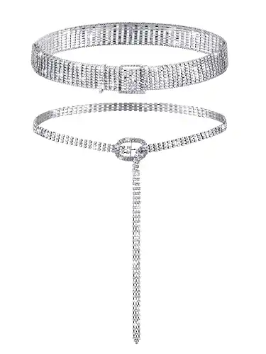 Geyoga 2 Pieces Women Rhinestone Belt for Dress Crystal Diamond Waist Belt Shiny Rhinestone Wide Waist Belt Ladies Belt (Silver,Medium, Fit Waist Size 27-34 Inch)