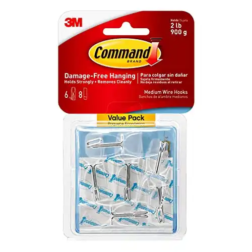 Command Medium Wire Toggle Hooks, Damage Free Hanging with Adhesive Strips, No Tools Wall Hooks for Hanging Organizational Items in Living Spaces, 6 Clear Hooks and 8 Command Strips