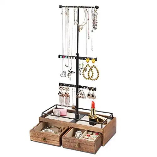 Keebofly Jewelry Organizer Box with Metal Jewelry Tree Stand & Rustic Wood Basic Drawer Storage Box - 3 Tier for Necklaces Bracelet Earrings Ring Carbonized Black