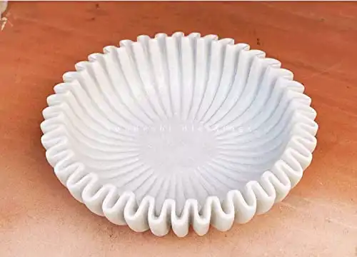 SWADESHI BLESSINGS HandCrafted Marble Ruffle Bowl/Antique Scallop Bowl/Fruit Bowl/Vintage Ring Dish/Decorative Flower Bowl/HouseWarming Gift/Wedding Gifts/Urli (6 Inches)