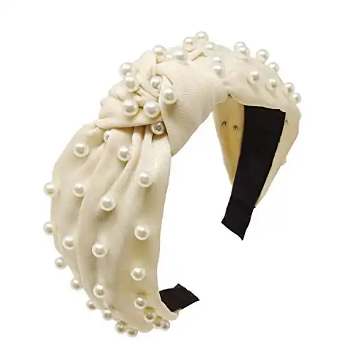 yueton Women Faux Pearl Headbands Twisted Cross Knot Velvet Headbands Elegant Bling Hair Band Hairpins Headwear Barrette Styling Tools Accessories Creamy White