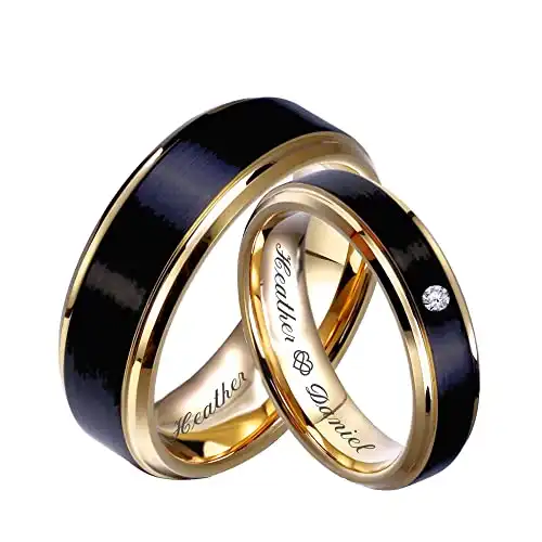 Personalized Black & Gold Stainless Steel Beveled Cut Couple's Ring Set Custom Engraved Free - Ships from USA