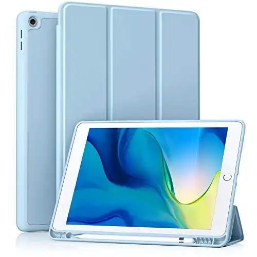 Akkerds Case Compatible with iPad 10.2 Inch 2021/2020 iPad 9th/8th Generation & 2019 iPad 7th Generation with Pencil Holder, Protective Case with Soft TPU Back, Auto Sleep/Wake Cover, Sky Blue