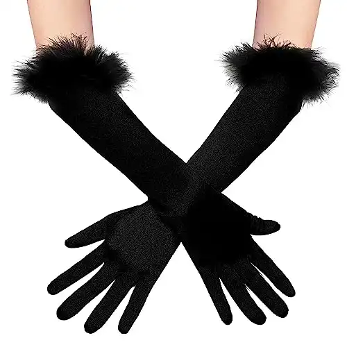 BABEYOND Satin Opera Gloves Women - Pageant Feather Gloves 1920s Stretchy Elbow Gloves for Halloween Costume Evening Party (Black)