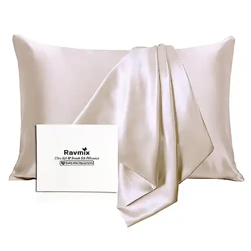 Silk Pillowcase for Hair and Skin with Hidden Zipper, Ravmix Both Sides 21Momme Mulberry Silk Cooling Pillow Case Standard Size 20×26inches, 1PCS, Beige