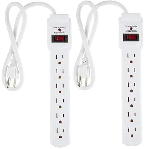 Amazon Basics Rectangular 6-Outlet, 200 Joule Surge Protector Power Strip, 2 Foot, White - Pack of 2