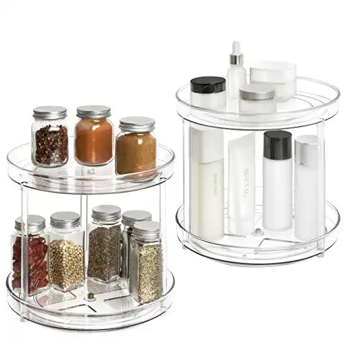 2 Pack Lazy Susan - 2 Tier Plastic Clear Spinning Organization & Storage Container Bins 9 Inch Round Turntable Condiments Spice Rack for Cabinet Pantry Countertop Kitchen Fridge Vanity Bathroom Ma...