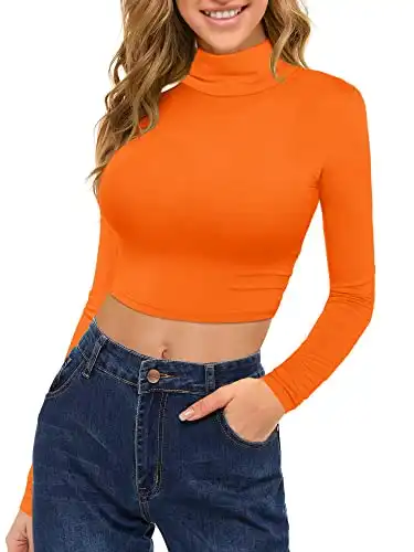 MSBASIC Velma Costume Adult Orange Long Sleeve Neon Crop Top Turtleneck Tight Shirts for Women(Orange,XL)