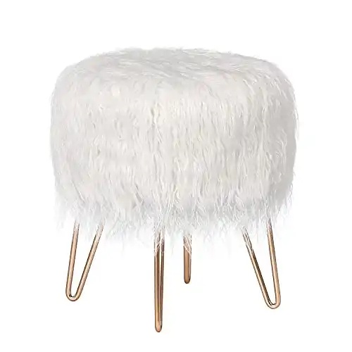 Asense Faux Fur Footrest Soft Furry Upholstered Footstools Ottoman with Gold Metal Legs Decorative Furniture, White