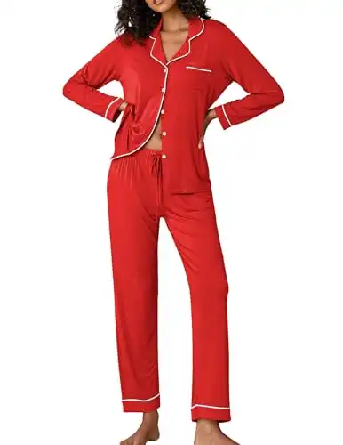 Ekouaer Christmas Sleepwear Pjs for Women Set Red Pajamas Lightweight Two Piece Sleep Set with Button,Red,Medium