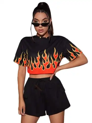 Floerns Women's Print Crop Top Short Casual Sleeve T Shirts Black Fire S