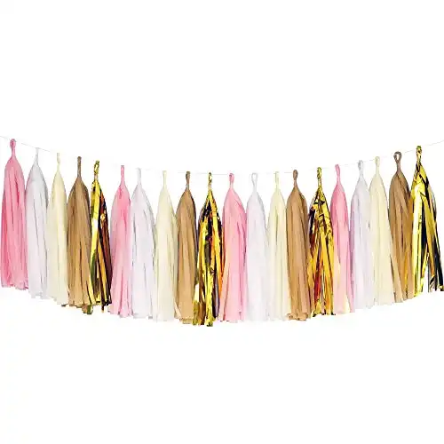 Tissue Paper Tassel DIY Party Garland (20 Tassels Per Package) - 14 Inch Long Tassels (Pink-White-Ivory-Tan-Gold Mylar) by Party N Beyond