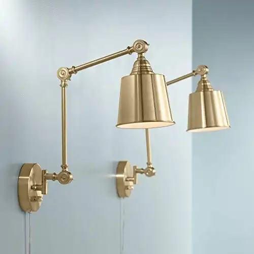 360 Lighting Mendes Modern Swing Arm Adjustable Wall Lamps Set of 2 Antique Brass Plug-in Light Fixture Up Down Metal Shade for Bedroom Bedside House Reading Living Room Home Hallway Dining