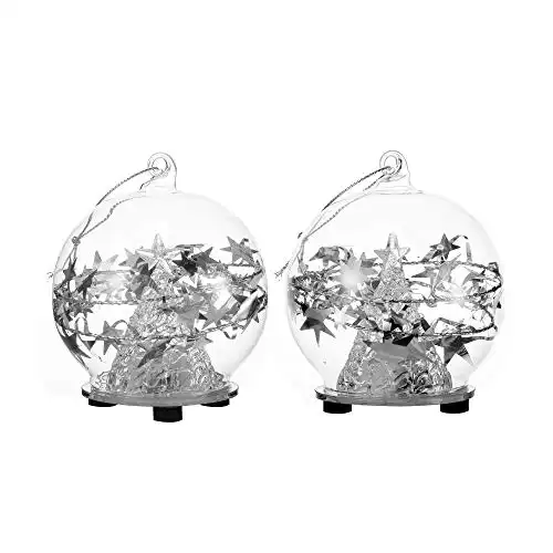 V-More Clear Glass LED Ball Ornaments Decorated with Christmas Tree and Stars for Christmas Home Decor Gift (Set of 2)